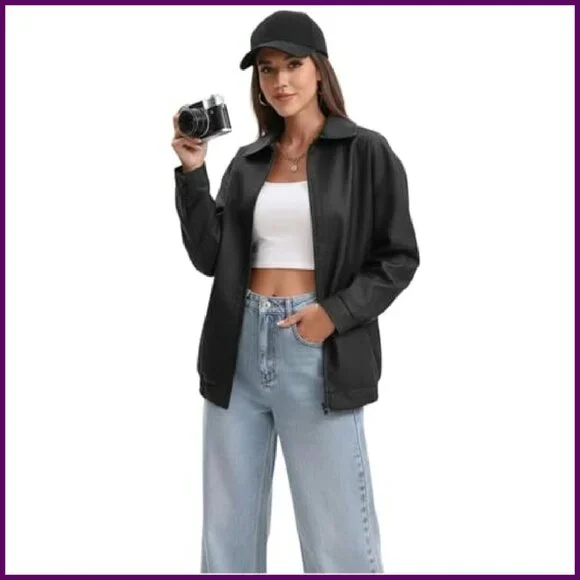 Oversized Faux Leather Motorcycle Jacket, Loose Fit Zip Up